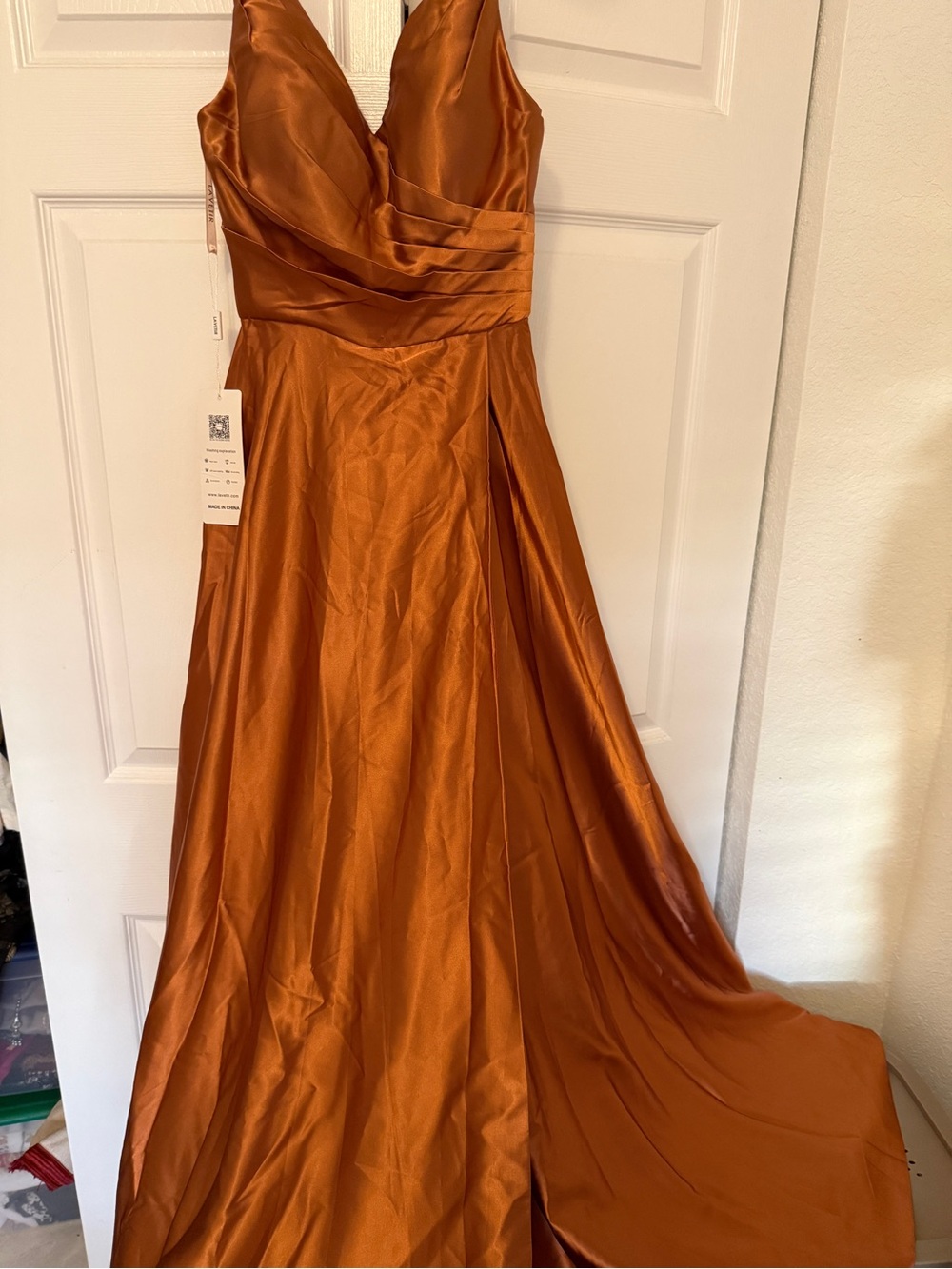 Satin V-Neck Maxi Dress in Copper Brown